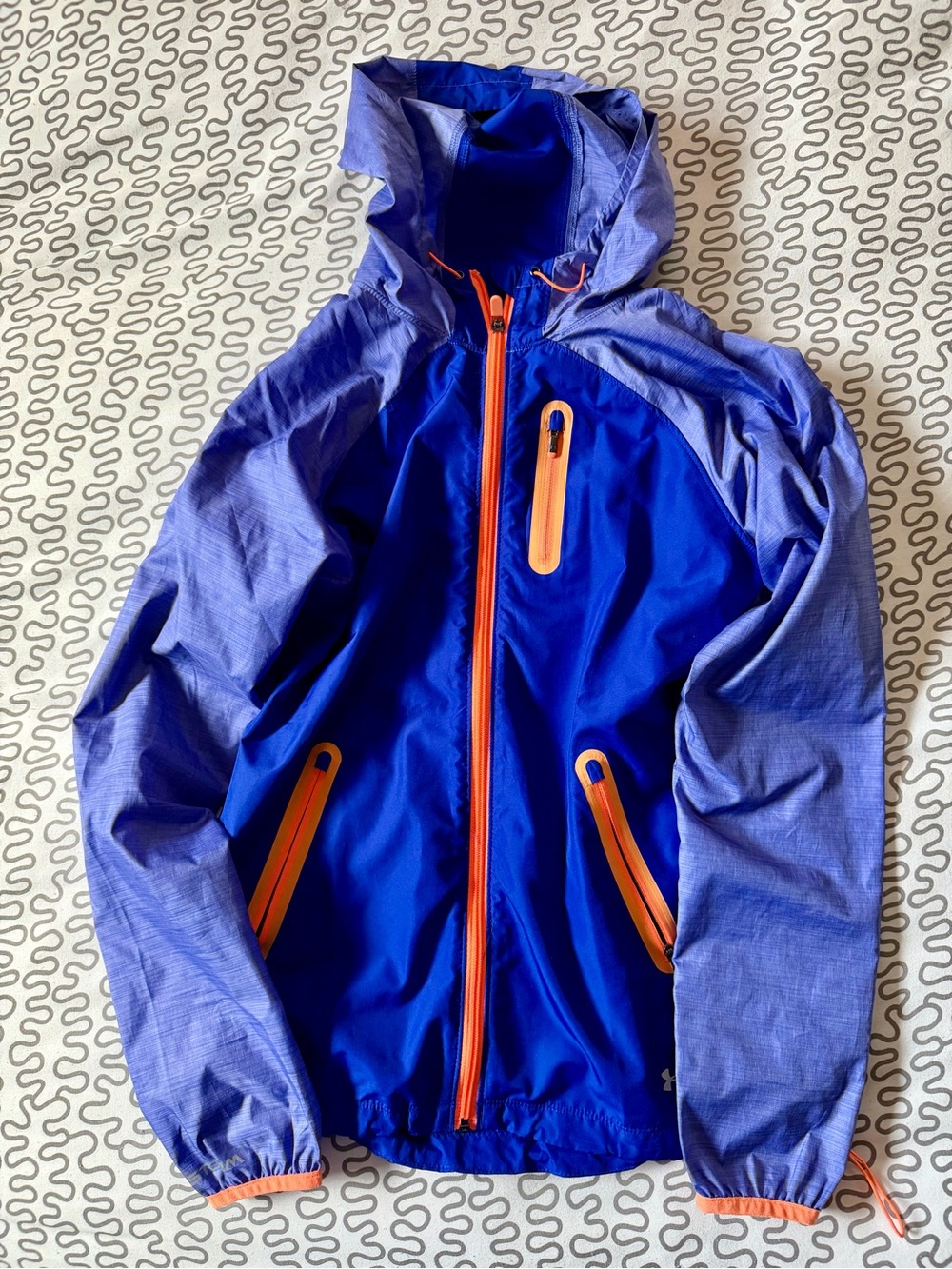 Women’s Blue Hooded Under Armour Windbreaker Jacket with Orange Trim